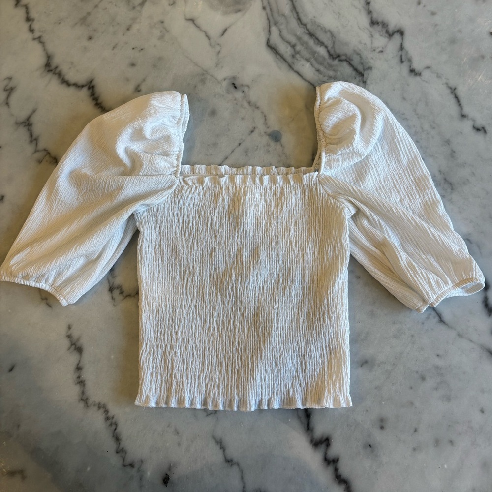 H&M White Smocked Puff Sleeve Top